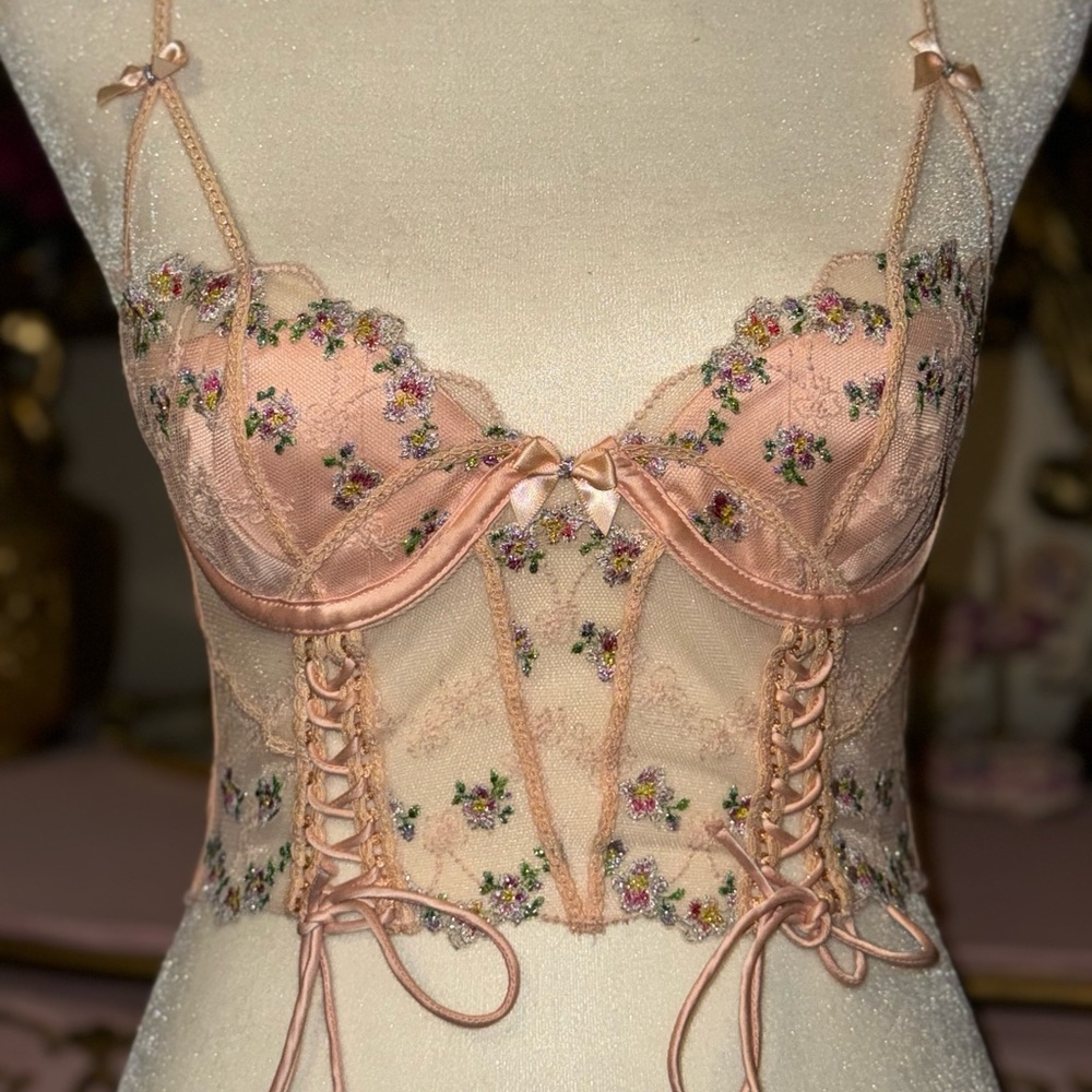 For Love and Lemons Peach Pink Emma Embroidered Bustier bra top lingerie  XXS